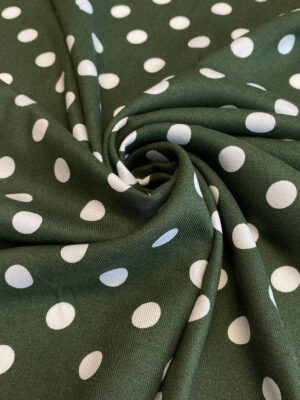 Віскоза твіл кольору зелений хакі з білим горошками  розміром 1,5*1,5см