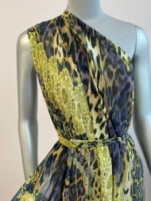 Шифон принт з фантазійним енімал дизайном та мереживом в фіолетово-золотистій гамі