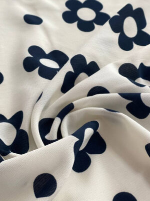 Шифон принт фактурний шифон білого кольору з темно-синіми круглими квітами