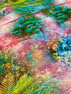 Шифон принт акварельний дизан фотопринт з тюльпанами в бірюзово-рожевій гамі