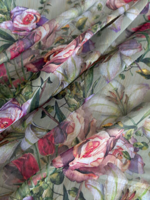 Шифон принт з акварельними квітами 3D на красивому фоні хаки з тоненьким люрексом