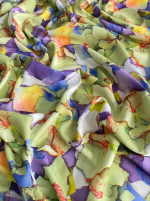 Льон смісовий з акварельною абстракцією в кольорах фіолетовий, салатовий, помаранчовий