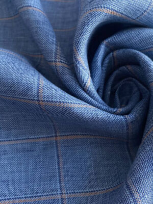 Льон костюмний бренду Хуго Босс кольору синьо-блакитний меланж з бежевою клітинкою