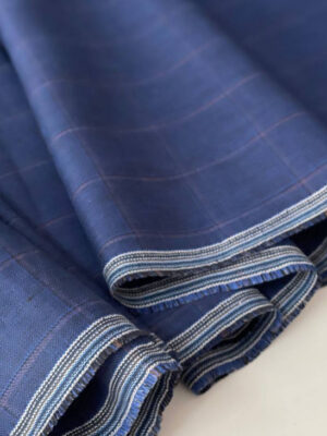 Льон костюмний бренду Хуго Босс кольору синьо-блакитний меланж з коричнево-бежевою клітинкою