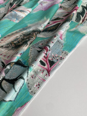 Полірований котон-сатин Італія з крупними абстрактними квітами японськоі вишні на бірюзовому фоні