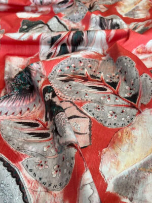 Полірований котон-сатин Італія з крупними абстрактними квітами японськоі вишні на помаранчовому фоні